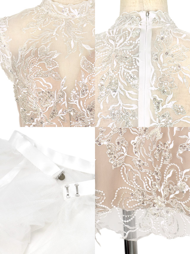 ロングチュールスカート付きスパンコール花柄刺繍ミニドレス