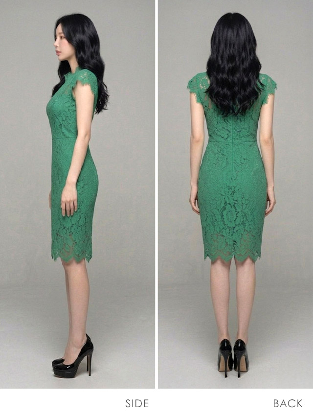 膝丈ドレス プチプラ 新人 タイト ワンピース セクシー ノースリーブ レース 花柄 低身長 胸元隠し スナック 総レース イリュージョンネック フリル 緑 キャバドレス