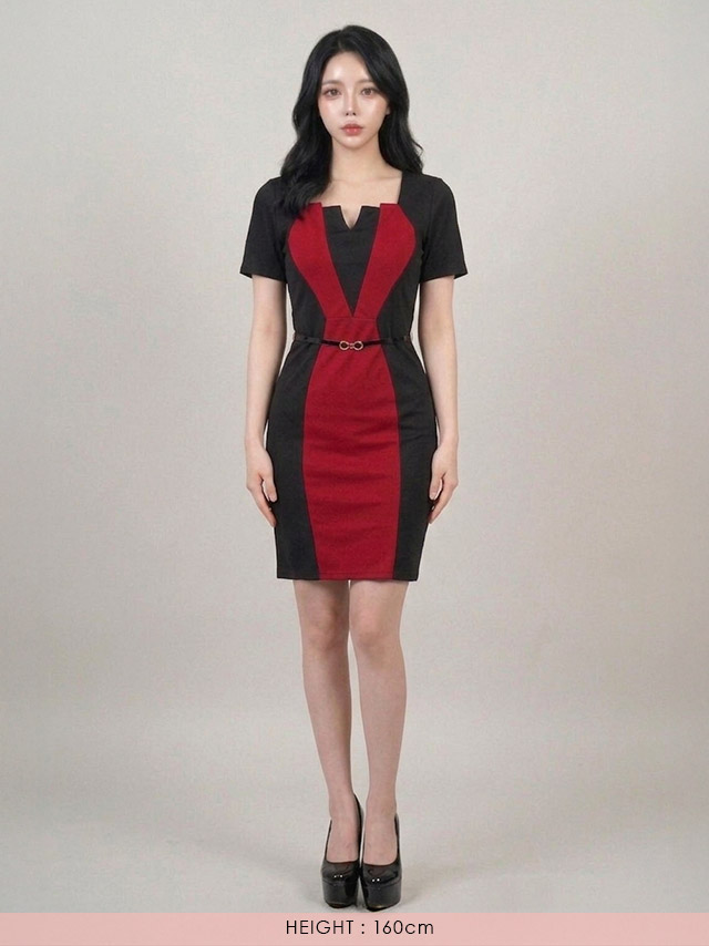 コントラストカラープリントフロントデザイン半袖タイトミニドレス