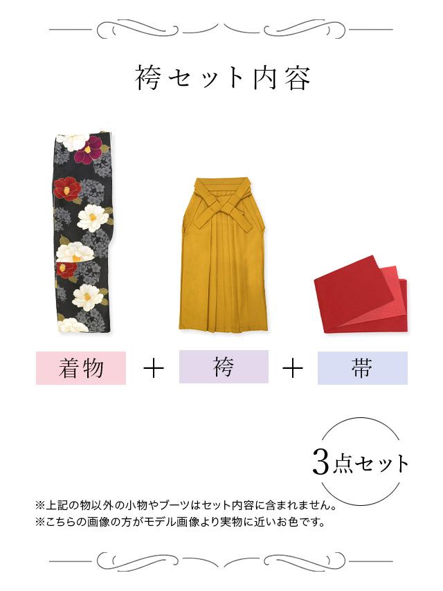 大柄椿×桜 シックブラックはかま3点セット