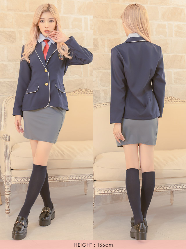 袖あり韓国風ストレッチタイトスカートパイピングスクールブレザー制服