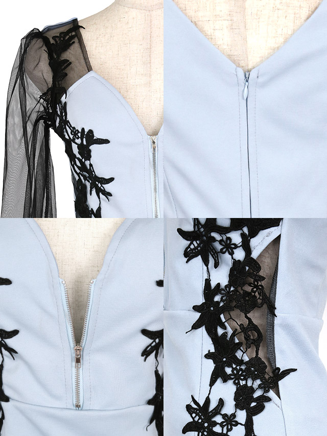 バストジップ付きチュールパフスリーブ花柄刺繍タイトミニドレス