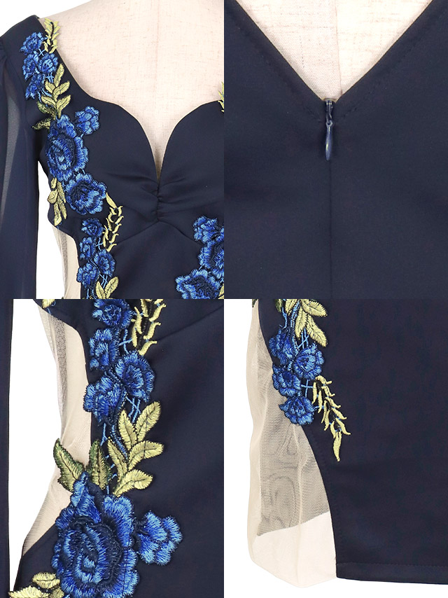 青花柄刺繍シースルータイトミニドレス