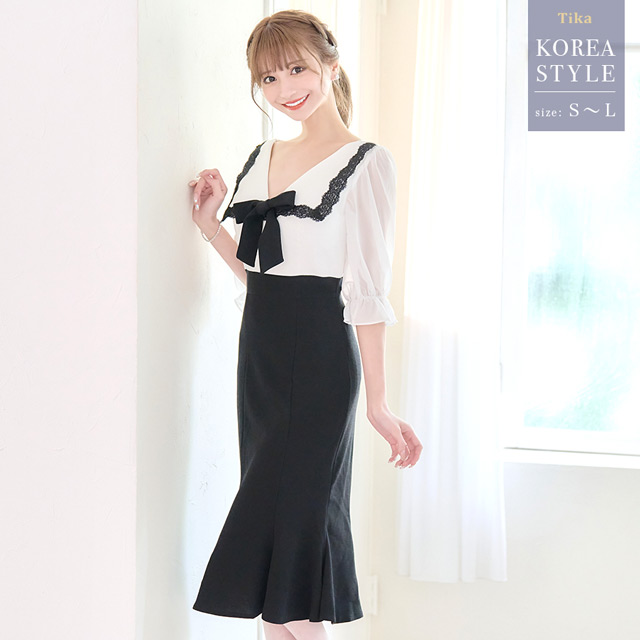 韓国ドレス 刺繍レースバイカラーリボンマーメイドミディアムドレス