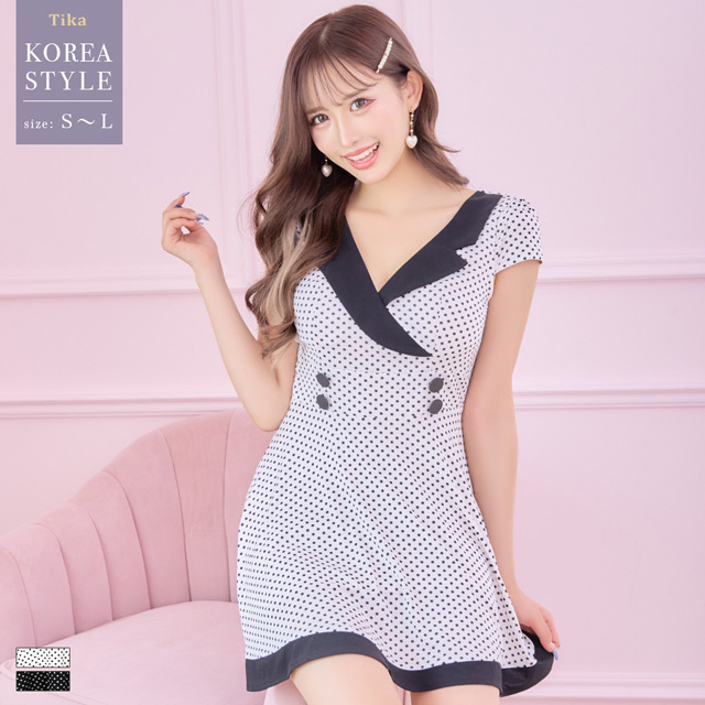韓国ドレス 半袖カシュクールネックダブルボタンドット柄ガーリースタイルフレアミニドレスのメイン画像