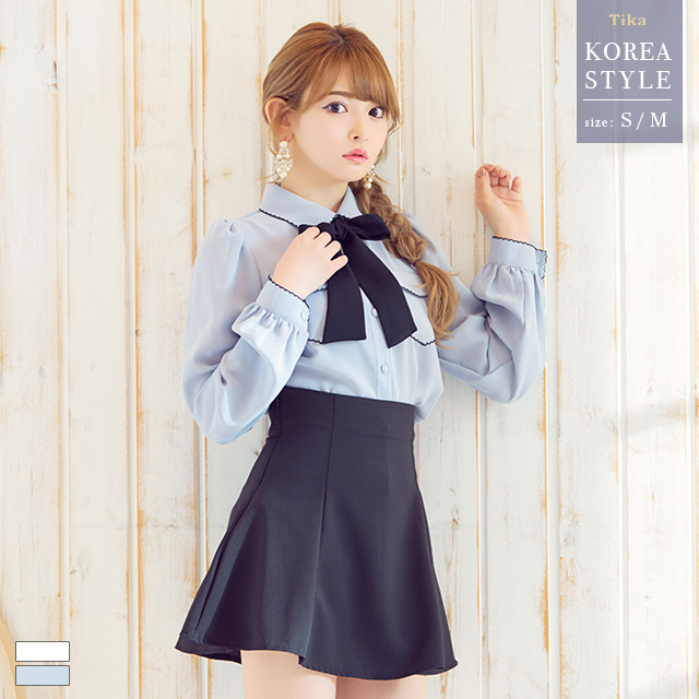韓国ドレス パイピングネックリボンブラウスフレアミニスカートセットアップドレス