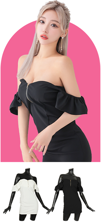 ミニドレス プチプラ ギャル タイト ジップ オフショル セクシー セクシー ラウンジ 低身長 谷間 背中魅せ 黒 キャバドレスモデル画像