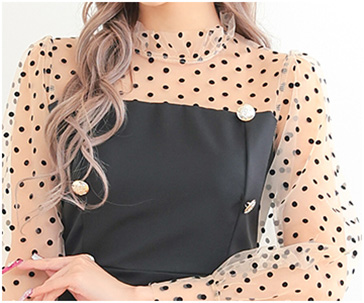 ミニドレス プチプラ 新人 タイト 長袖 ワンピース シアー シアー袖 ドット柄 低身長 胸元隠し 背中魅せ 同伴 黒 キャバドレスモデル画像2枚目