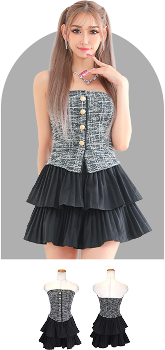 ミニドレス プチプラ ギャル セットアップ ツイード フレア ベアトップ 低身長 黒 フリル キャバドレスモデル画像2枚目