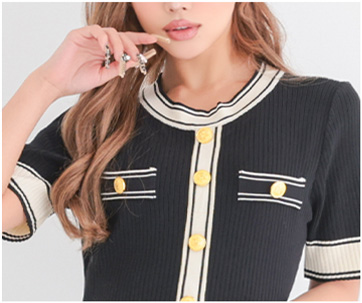 膝丈ドレス リブニット 半袖 フロントボタン ラウンドネック タイト キャバドレスモデル画像2枚目