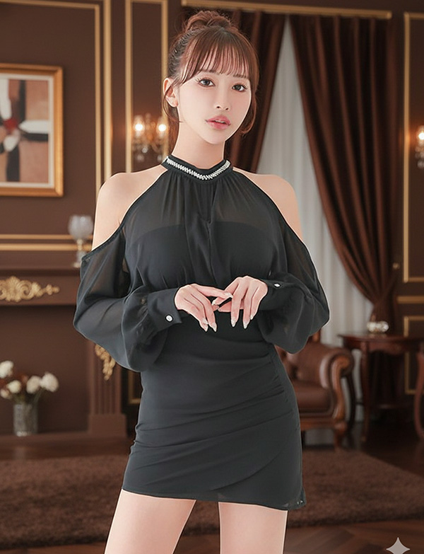 シースルー 肩魅せ ホルターネック オフショル プチプラ ミニドレス1枚目