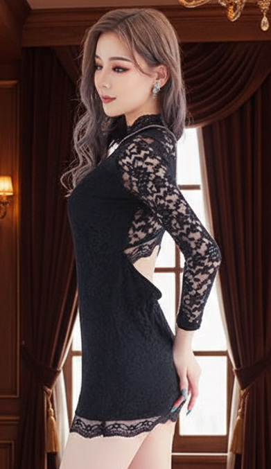 バックカットアウトレース長袖プチプラタイトミニドレスサイド画像