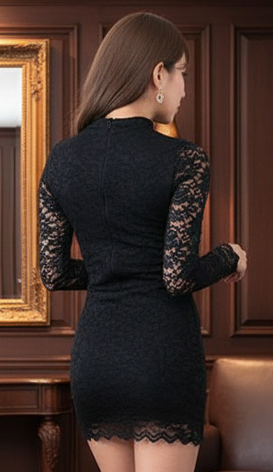 チョーカーホルターネック総レース長袖ワンカラータイトミニドレスフロント画像