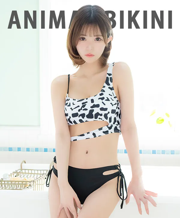 アニマル柄ワンショルダー風モノトーンカットアウトビスチェギャルビキニ、牛柄で目を引くデザイン