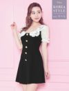[韓国ドレス] ケミカルレースガーリースタイルパールボタンフレアミニ半袖ドレス (Sサイズ～Lサイズ) (久保七瀬/キャバドレス着用)
