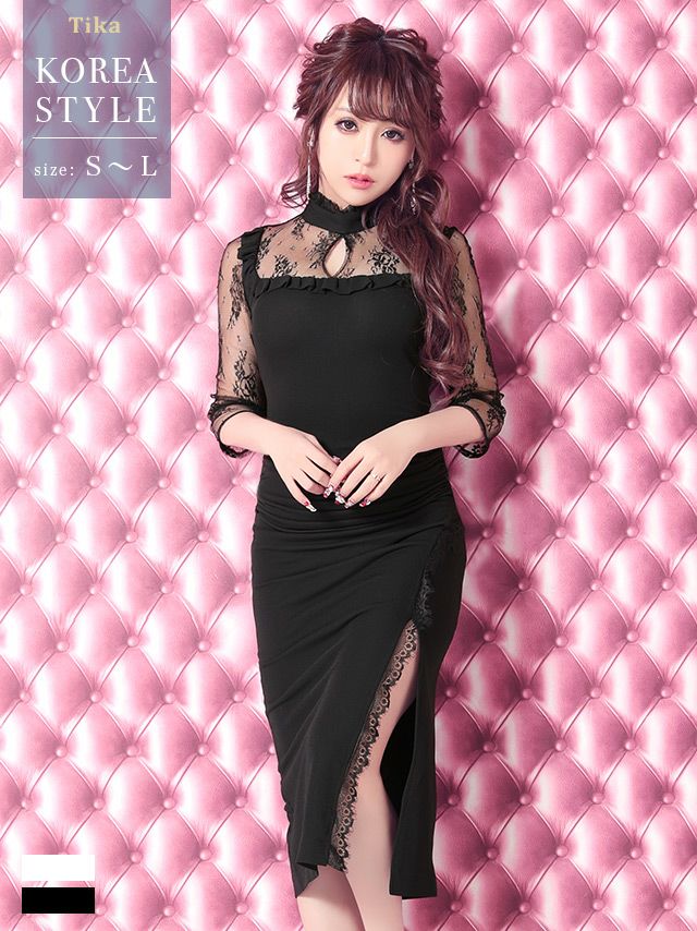[韓国ドレス] レディスタイルフラワー刺繍レースタイトスリット袖あり膝丈ドレス (Sサイズ～Lサイズ) (さくりな/キャバドレス着用)