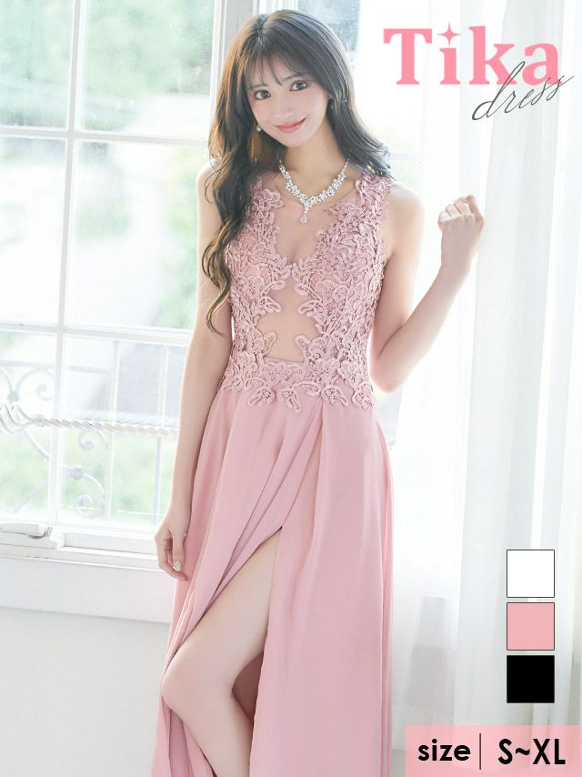 キャバドレス ロング丈 キャバクラ クラブ ラウンジ シースルー フラワー刺繍 ビジュー ノースリーブ ハイウエスト切替 スリット Aライン バースデー ロングドレス