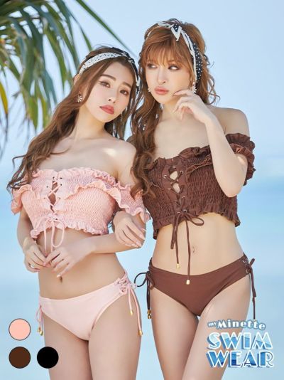 [セール]水着 セクシーオフショルギャザーガーリーレースアップバンドゥフリルビキニ
