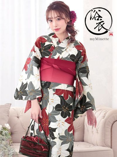 [セール] 浴衣 選べる帯 アンティーク4色百合模様 浴衣3点セット (浴衣+平帯or作り帯+下駄) (久保七瀬着用)