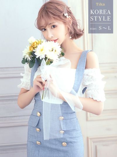韓国ドレス 肩あきギャザーサロペット風ガーリ...