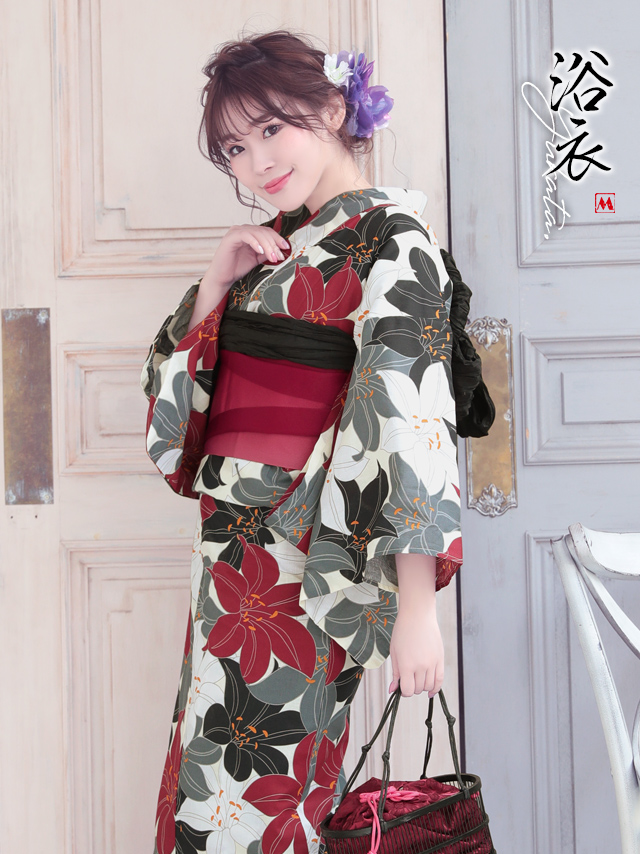 浴衣セット レディース myMinette マイミネット 4色アンティーク百合模様 浴衣3点セット