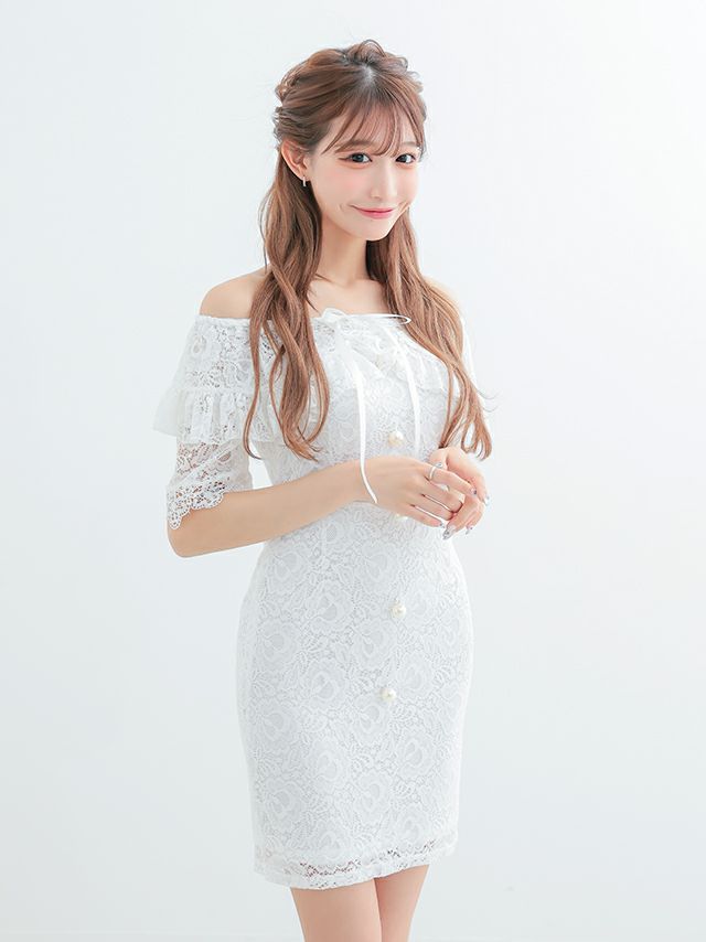 キャバドレス ミニドレス 激安 ミニ丈 myMinette マイミネット オフショルパールボタンレースタイトミニドレス