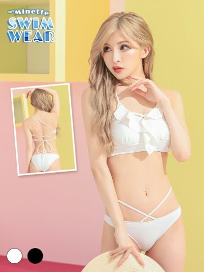 [セール] 水着 バックオープンクロスワンカラーフリルビキニ【ネコポス対応可350円】