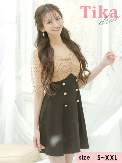 [アウトレット] ドット柄シアー袖ありパフスリーブハイウエスト切替フレアミニドレス (Sサイズ～XXLサイズ) (愛沢えみり/キャバドレス着用)