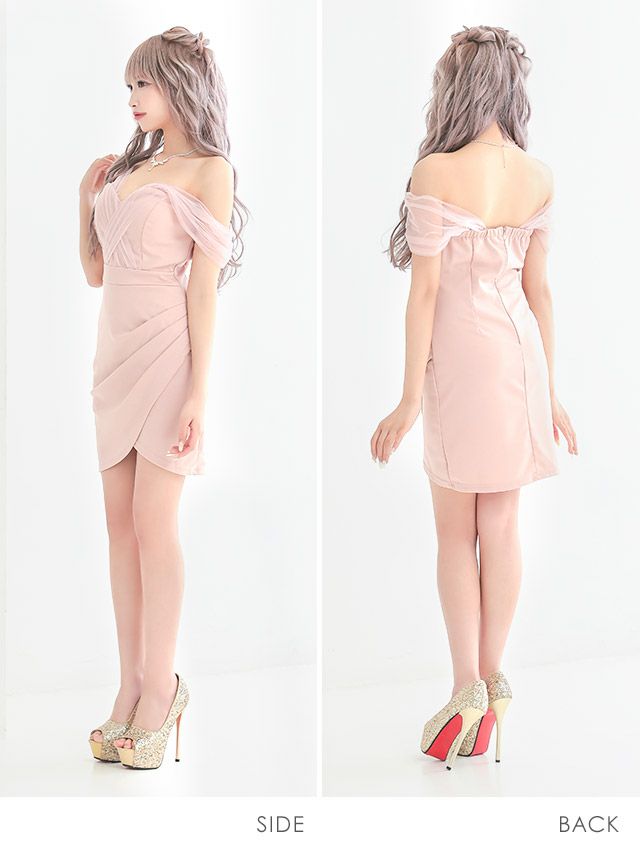 2Wayチュール素材オフショルダー袖ハートカットネックプチプラタイトミニドレスサイドバック