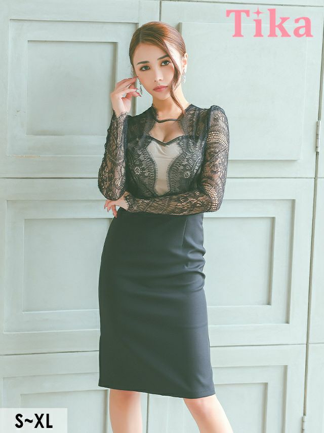 キャバドレス 膝丈 キャバクラ クラブ ラウンジ タイト 膝丈ドレス 袖あり スカラップレース 大人 上品 ストレッチ 長袖