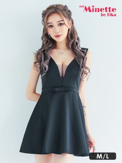 [SALE] ノースリーブフロントシースルーウエストリボンプチプラフレアミニドレス (Mサイズ/Lサイズ)(せいせい/キャバドレス着用)【ネコポス対応可350円】[myMinette/マイミネット]