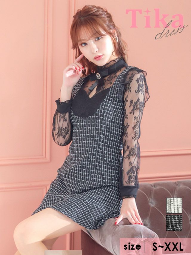 ラメツイードハイネックリボンブローチ長袖ハートカットタイトミニドレス (Sサイズ～XXLサイズ) (椎名美月/キャバドレス着用)