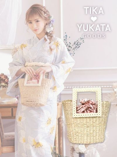 浴衣バッグ サテン巾着付きパールハンドルかごバッグ