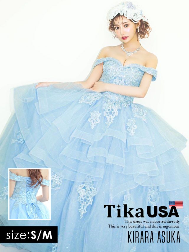 [LA直輸入] オフショルダーバック編み上げゴージャスラメビジューレース刺繍インポートふんわりチュールロングドレス (XSサイズ〜Mサイズ) (明日花キララ/キャバドレス着用)