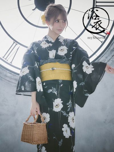 [セール] 浴衣選べる帯 レトロ 黒地×ホワイトポピー ゆかた3点セット(浴衣＋作り帯or平帯＋下駄)