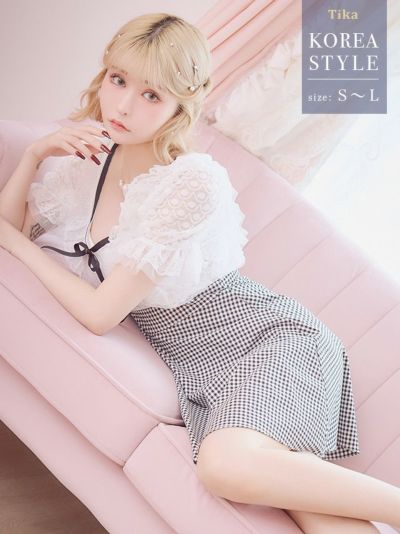 韓国ドレス パフスリーブレースチュールリボン...