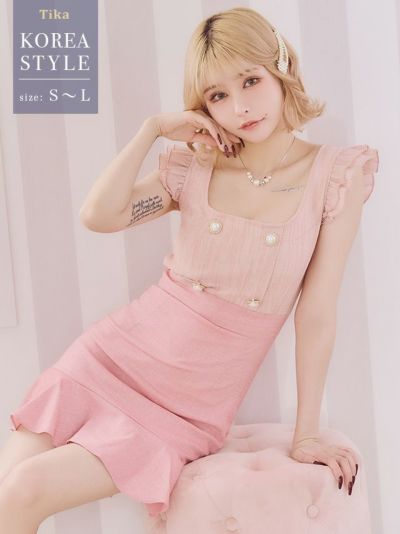 韓国ドレス フリル袖パールボタンハイウエスト...