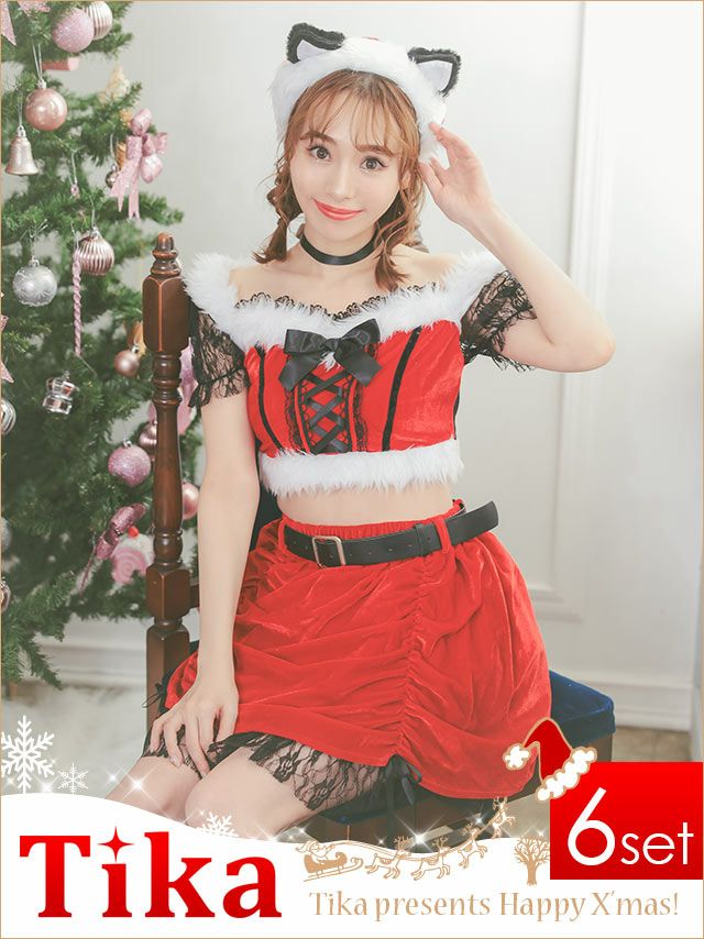 コスプレ サンタ キャット クリスマス 衣装 アニマル 仮装 myMinetteマイミネットサンタコス 6点set レースアップリボン ネコ耳サンタコスプレ