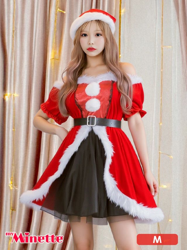 コスプレ サンタ クリスマス 衣装 仮装 赤 myMinette マイミネット サンタコス 4点set 肩出し 2Way オフショルダー キラキラ Aライン ベロア サンタコスプレ