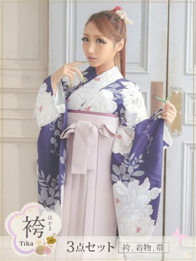 袴 牡丹デザイン淡色ピンクはかま3点セット ...