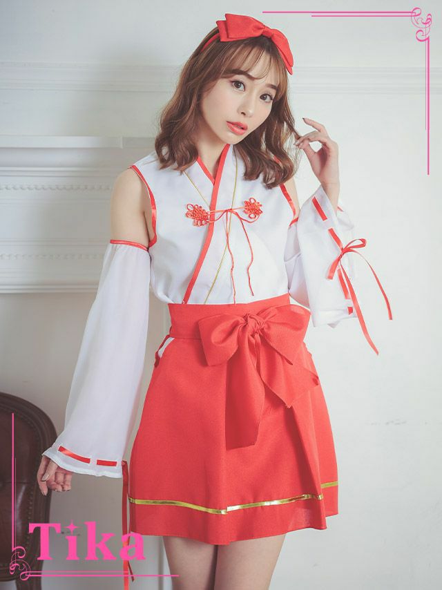 コスプレ 巫女 和装 神社 衣装 仮装 みこ コスチューム myMinette マイミネット 4点set 肩開き ミニ 巫女ガール