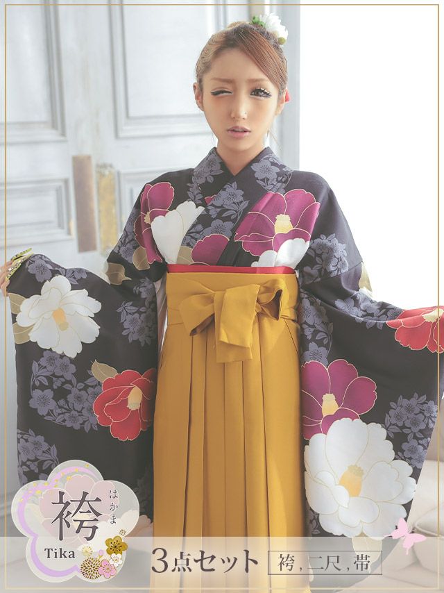 袴] 大柄椿×桜 シックブラックはかま3点セット (二尺+帯+袴) (ももあ着用)
