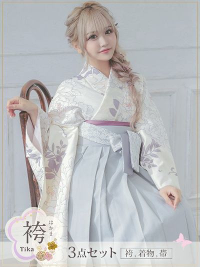 袴 ホワイト牡丹と淡色ブルーはかま3点セット...