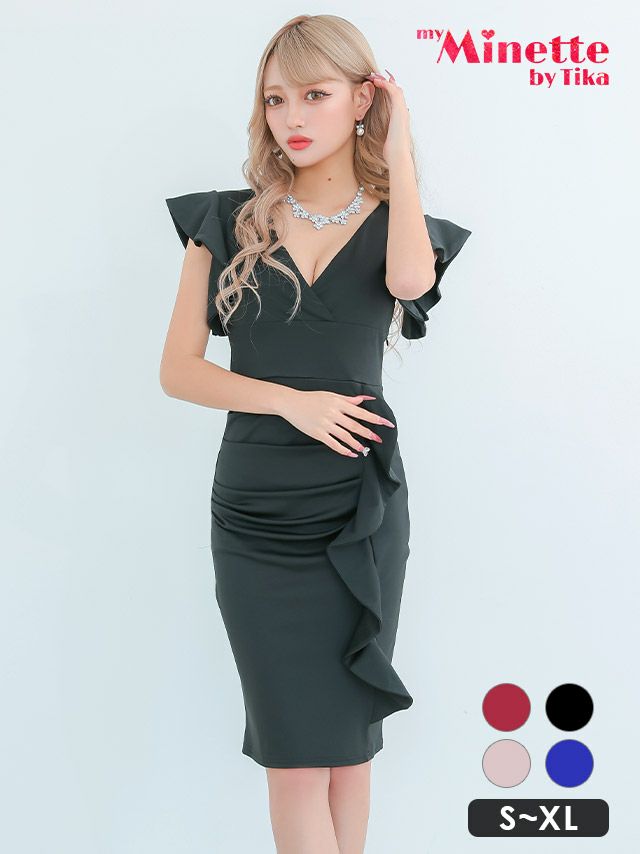 キャバドレス 安い 激安 ミニ丈 キャバクラ クラブ ラウンジ フリル袖 デザイン シンプル タイトミニスカート プチプラドレス