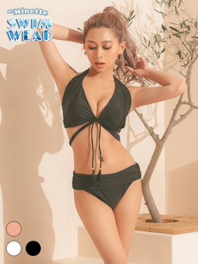 [セール] 水着 スポーティリボンシャギーボトムホルターネックビキニ【ネコポス対応可350円】