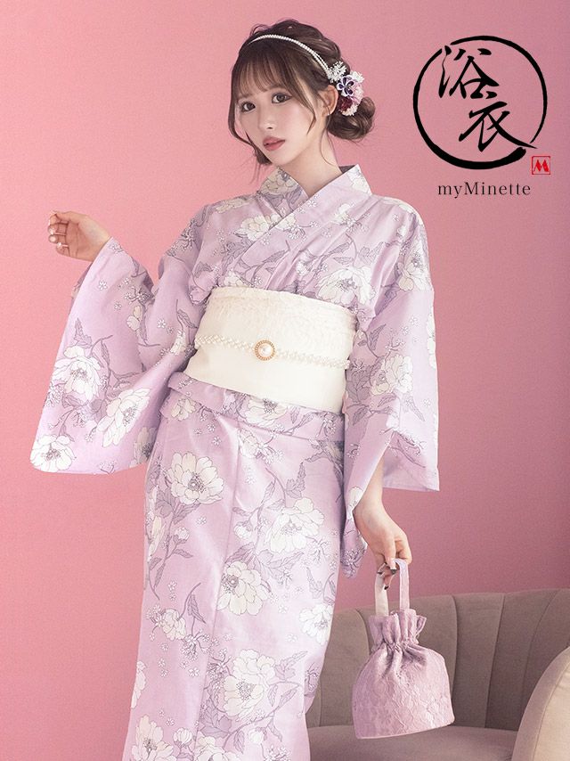 浴衣 レディース セット 作り帯 下駄 古典 レトロ myMinette マイミネット　パステルカラー × 花柄 ゆかた 3点セット