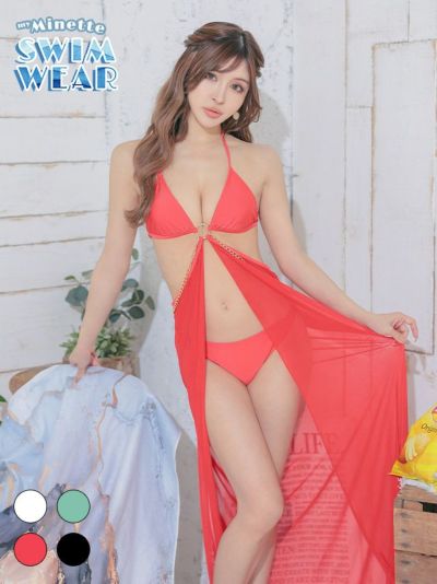 [セール] 水着 取り外し可能チェーン付きパレオステックホルタービキニ【ネコポス対応可350円】