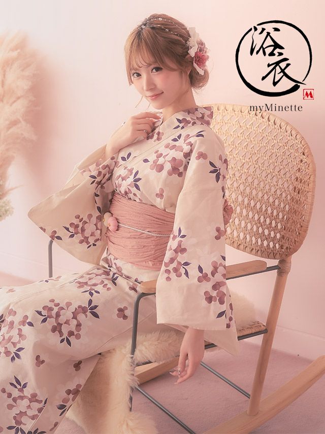 浴衣] SWEET 桜×クリーム ゆかた3点セット (浴衣+兵児帯+下駄)