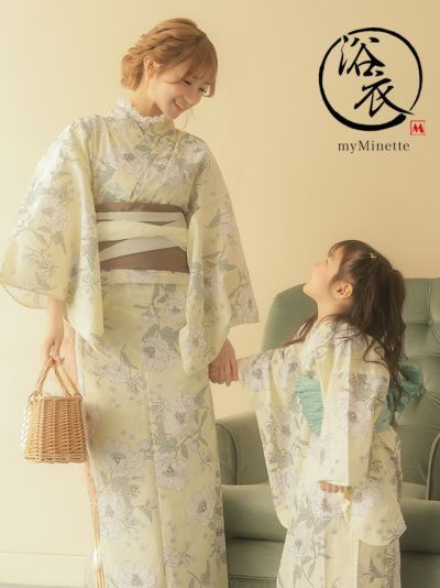 浴衣 親子でお揃い パステルイエロー×フラワー ゆかたセット