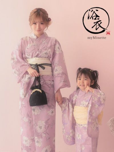 浴衣 親子でお揃い ガーリーピンク×線画フラ...